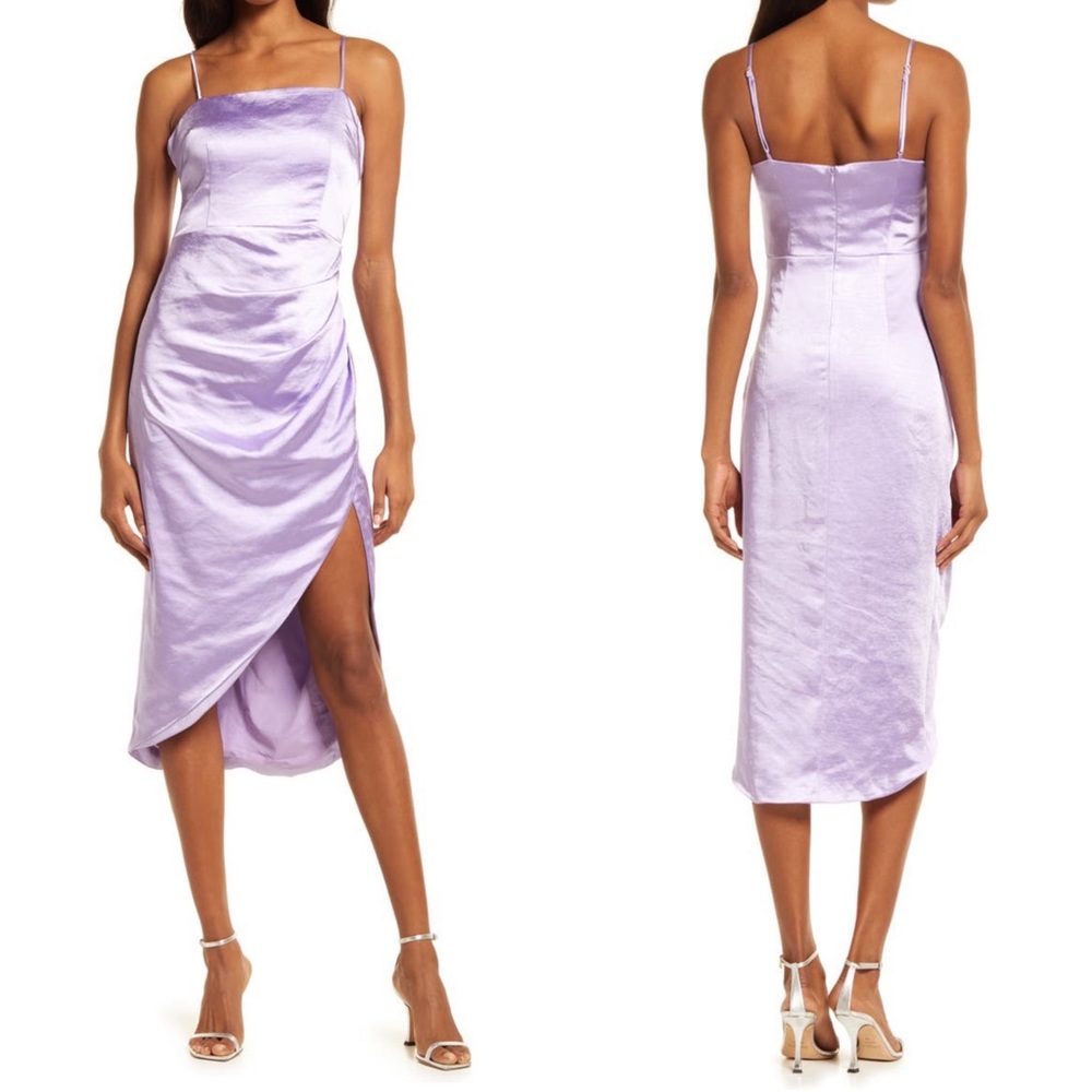 Elliatt Revolve Casey Ruched Asymmetric Tulip Satin Midi Dress Lavender S 4 NWOT